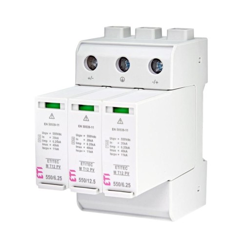 Ylijännitesuoja PV DC Tyyppi 1+2 (B+C) 1100V 3P 20kA 3.8kV ETITEC M 1100/12.5 Y 002440511 ETI ETI GPV-401-38