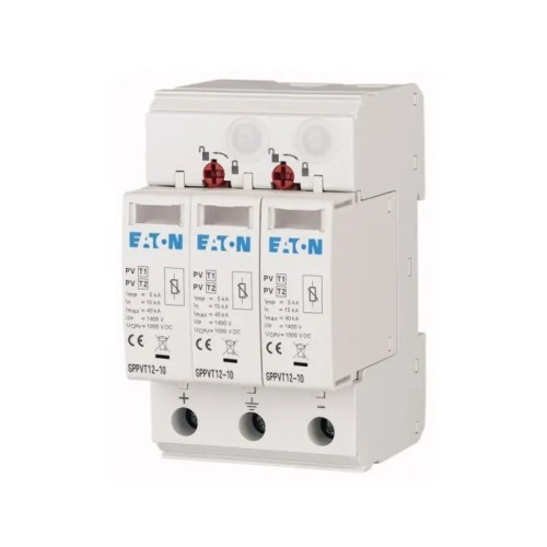 Ylijännitesuoja PV DC Tyyppi 1+2 (B+C) 1000V 2P+N 15kA 3,7kV SPPVT12-10-2+PE 177256 EATON GPV-401-44