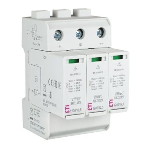 Ylijännitesuoja PV DC Tyyppi 1+2 (B+C) 1200V 3P 12.5kA 4.4kV ETITEC SM T12 PV 1200/12.5 Y 002440630 ETI ETI GPV-401-50