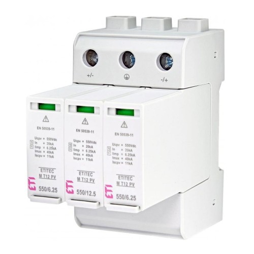 Ylijännitesuoja PV DC tyyppi 1+2 (B+C) 1100V 3P 65kA 3.8kV ETITEC EM T12 PV 1100/6.25 Y 002440580 ETI GPV-401-64