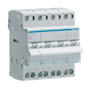 Modulaarinen asennuskytkin I-0-II (1-0-2) yhteinen piste yläpuolelta 4P 40A 400VAC SFT440 HAGER
