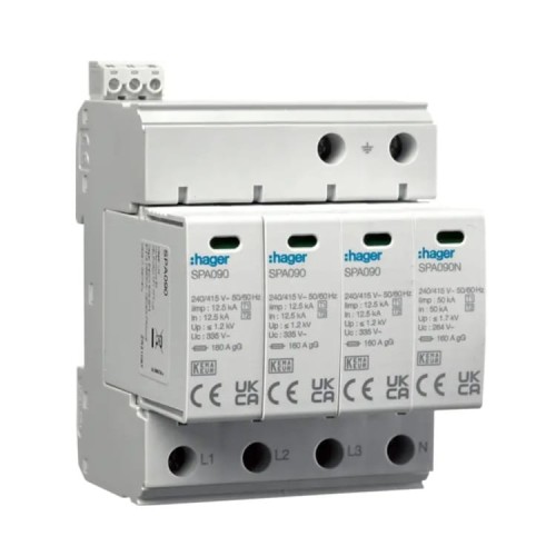 Hager ylijännitesuoja tyyppi 1+2 (luokka B+C) 4P 50kA 1,2kV GPV-401-101