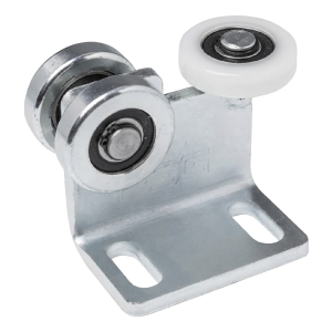 3-rullinen vaunu ripustusporteille 50x50 mm profiilille, 2 teräsrullaa ja 1 muovinen