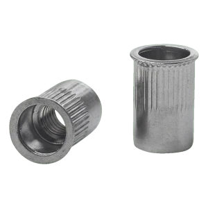 Läpimenoniittimutteri M8 A2 – supistettu kartiolaippa, uritettu, AISI 304